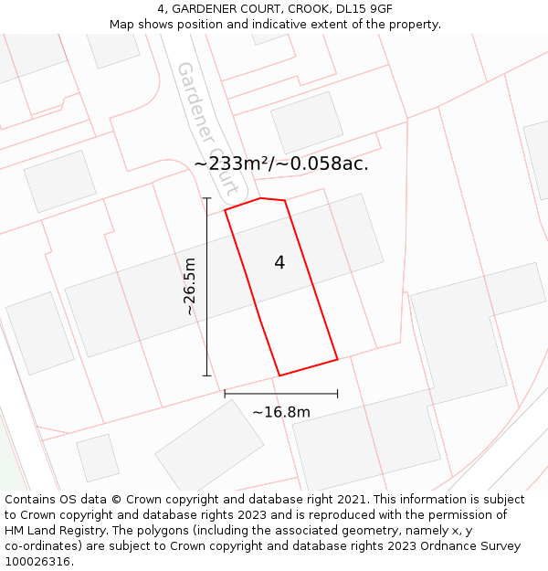 4, GARDENER COURT, CROOK, DL15 9GF: Plot and title map