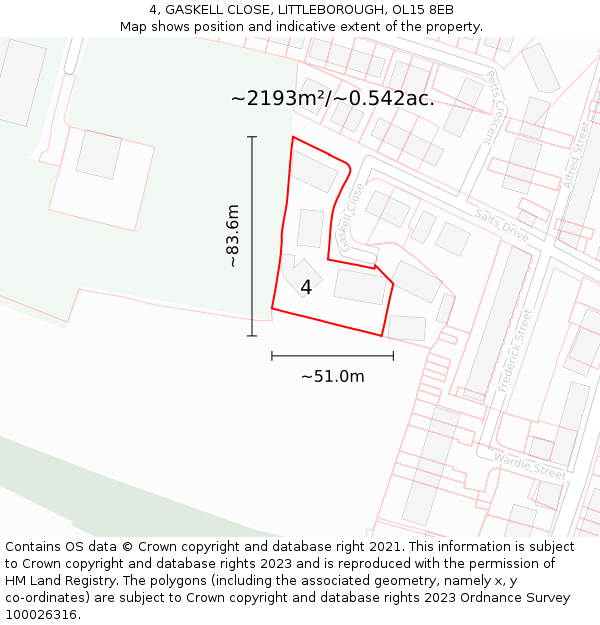 4, GASKELL CLOSE, LITTLEBOROUGH, OL15 8EB: Plot and title map