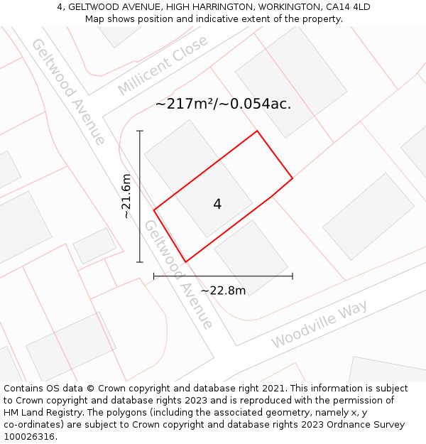 4, GELTWOOD AVENUE, HIGH HARRINGTON, WORKINGTON, CA14 4LD: Plot and title map