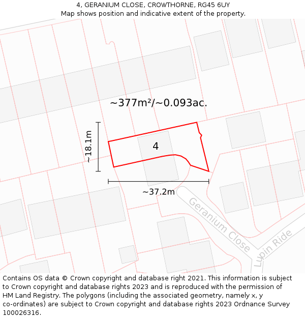 4, GERANIUM CLOSE, CROWTHORNE, RG45 6UY: Plot and title map