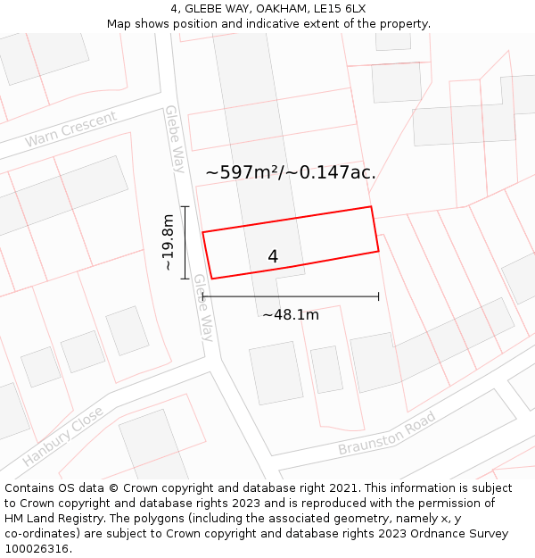 4, GLEBE WAY, OAKHAM, LE15 6LX: Plot and title map