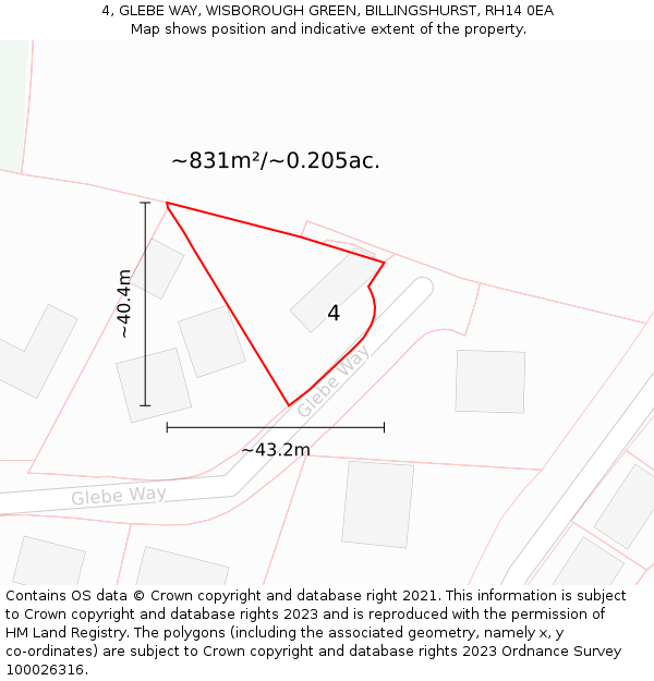 4, GLEBE WAY, WISBOROUGH GREEN, BILLINGSHURST, RH14 0EA: Plot and title map