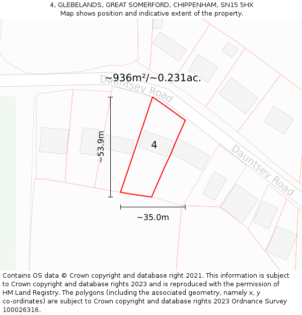 4, GLEBELANDS, GREAT SOMERFORD, CHIPPENHAM, SN15 5HX: Plot and title map