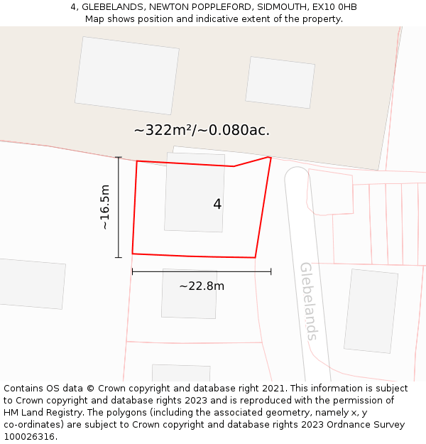 4, GLEBELANDS, NEWTON POPPLEFORD, SIDMOUTH, EX10 0HB: Plot and title map