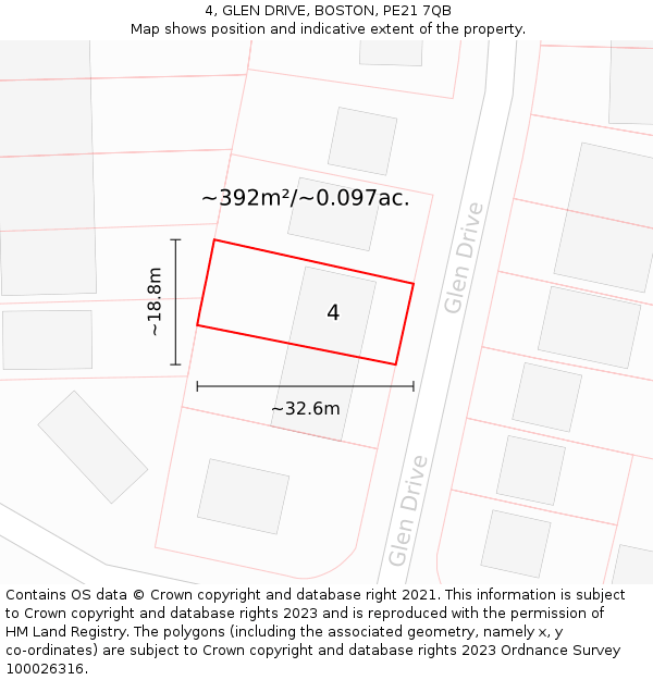 4, GLEN DRIVE, BOSTON, PE21 7QB: Plot and title map