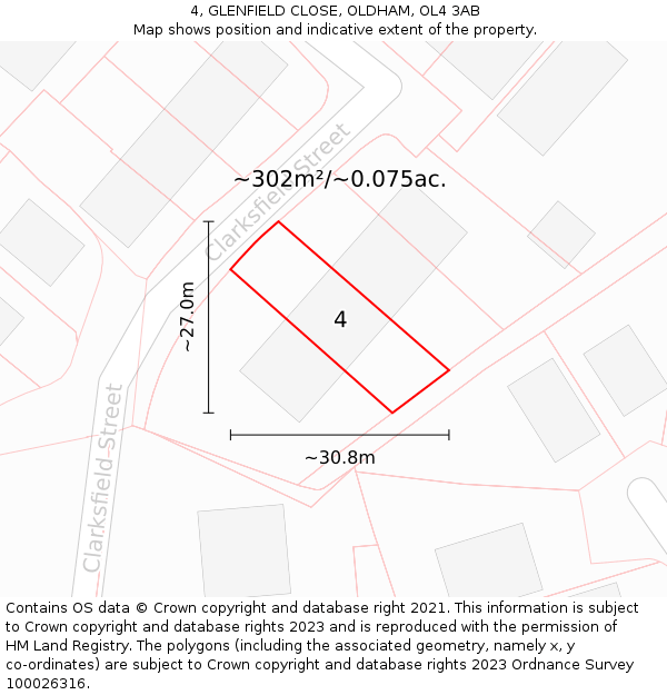 4, GLENFIELD CLOSE, OLDHAM, OL4 3AB: Plot and title map