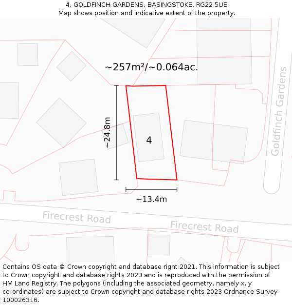 4, GOLDFINCH GARDENS, BASINGSTOKE, RG22 5UE: Plot and title map