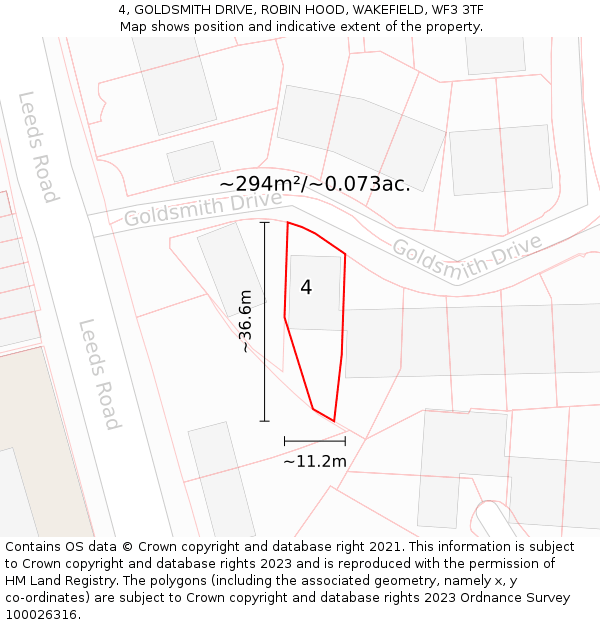 4, GOLDSMITH DRIVE, ROBIN HOOD, WAKEFIELD, WF3 3TF: Plot and title map