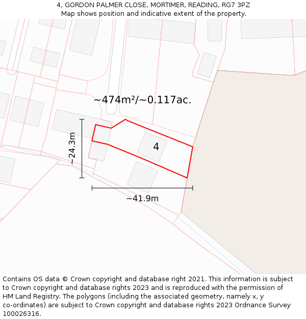 4, GORDON PALMER CLOSE, MORTIMER, READING, RG7 3PZ: Plot and title map