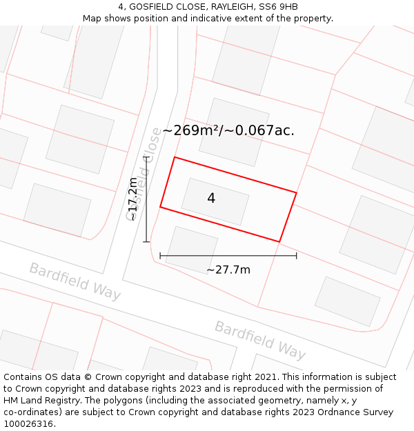 4, GOSFIELD CLOSE, RAYLEIGH, SS6 9HB: Plot and title map