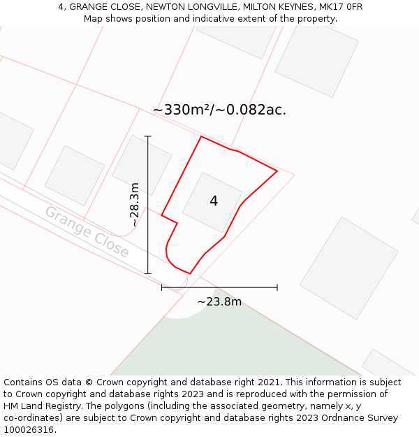 4, GRANGE CLOSE, NEWTON LONGVILLE, MILTON KEYNES, MK17 0FR: Plot and title map