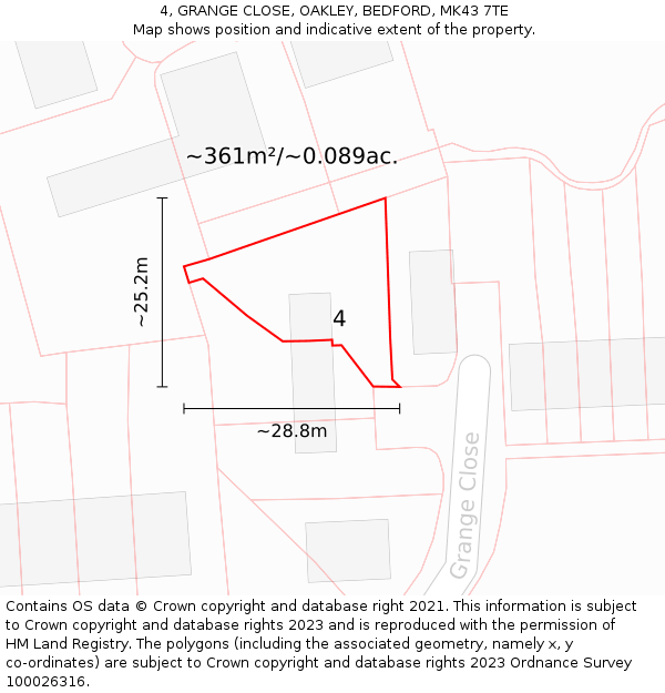 4, GRANGE CLOSE, OAKLEY, BEDFORD, MK43 7TE: Plot and title map