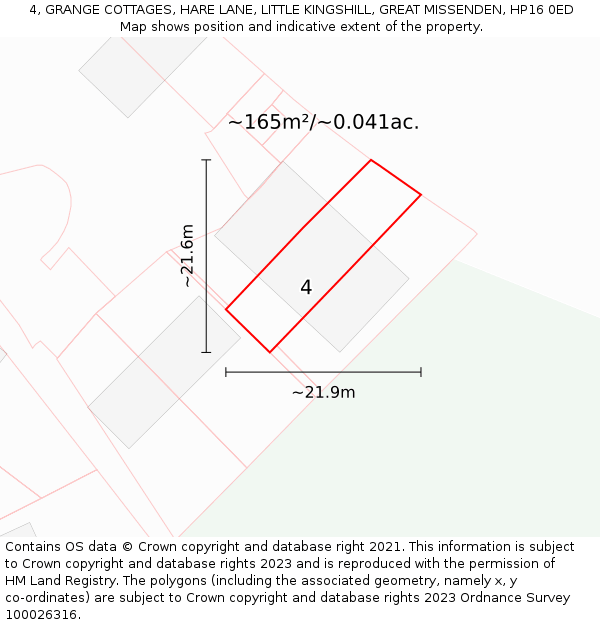 4, GRANGE COTTAGES, HARE LANE, LITTLE KINGSHILL, GREAT MISSENDEN, HP16 0ED: Plot and title map