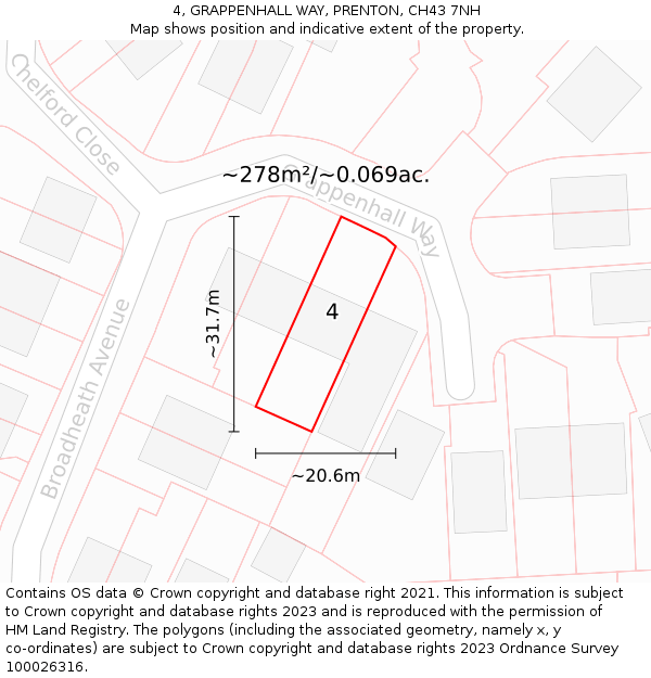 4, GRAPPENHALL WAY, PRENTON, CH43 7NH: Plot and title map