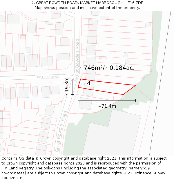 4, GREAT BOWDEN ROAD, MARKET HARBOROUGH, LE16 7DE: Plot and title map