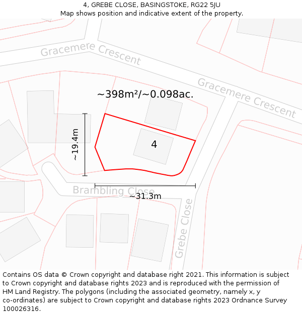 4, GREBE CLOSE, BASINGSTOKE, RG22 5JU: Plot and title map