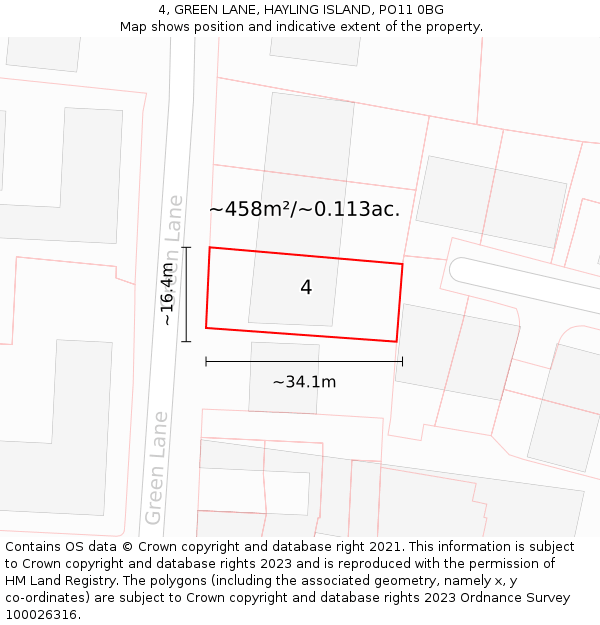 4, GREEN LANE, HAYLING ISLAND, PO11 0BG: Plot and title map