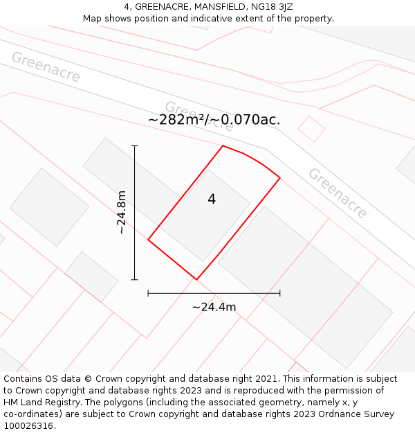 4, GREENACRE, MANSFIELD, NG18 3JZ: Plot and title map