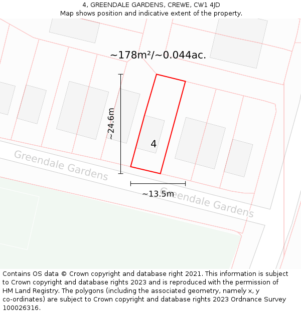 4, GREENDALE GARDENS, CREWE, CW1 4JD: Plot and title map