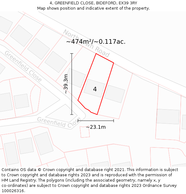 4, GREENFIELD CLOSE, BIDEFORD, EX39 3RY: Plot and title map
