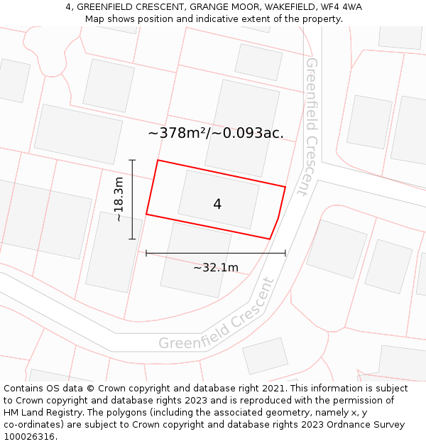 4, GREENFIELD CRESCENT, GRANGE MOOR, WAKEFIELD, WF4 4WA: Plot and title map