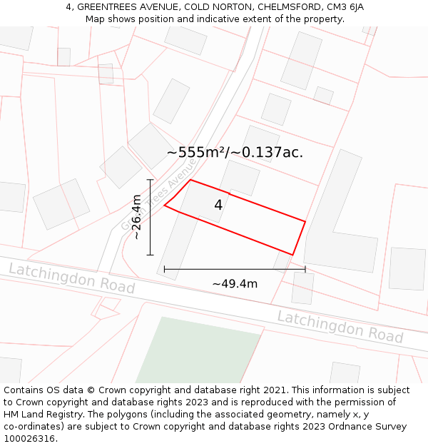 4, GREENTREES AVENUE, COLD NORTON, CHELMSFORD, CM3 6JA: Plot and title map