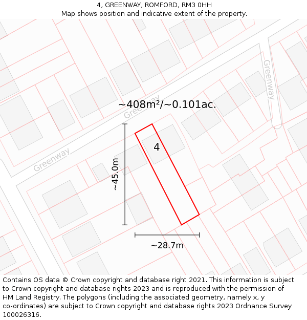 4, GREENWAY, ROMFORD, RM3 0HH: Plot and title map