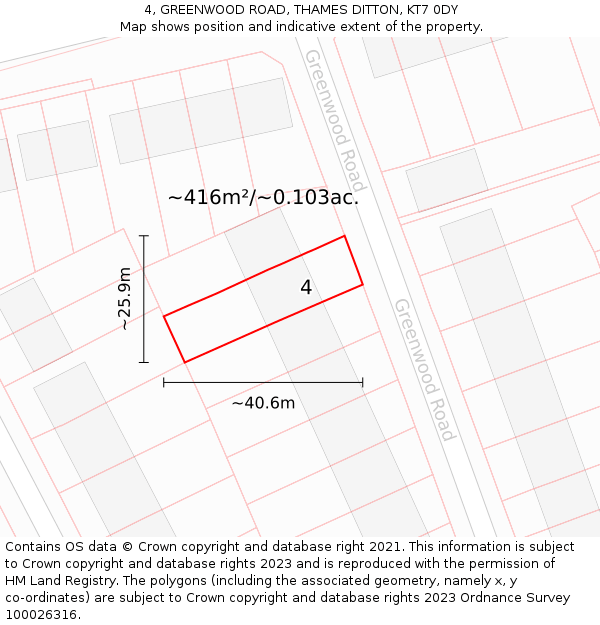 4, GREENWOOD ROAD, THAMES DITTON, KT7 0DY: Plot and title map