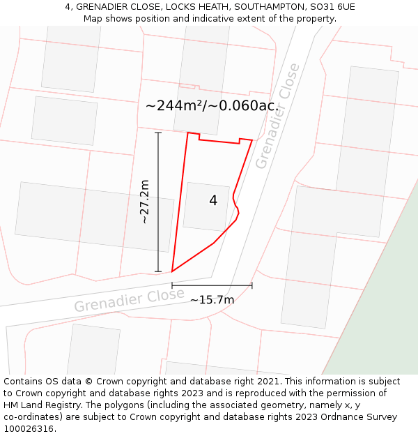 4, GRENADIER CLOSE, LOCKS HEATH, SOUTHAMPTON, SO31 6UE: Plot and title map
