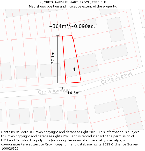 4, GRETA AVENUE, HARTLEPOOL, TS25 5LF: Plot and title map