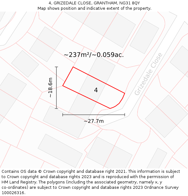 4, GRIZEDALE CLOSE, GRANTHAM, NG31 8QY: Plot and title map