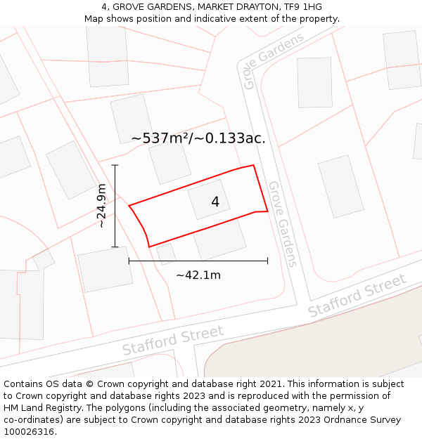 4, GROVE GARDENS, MARKET DRAYTON, TF9 1HG: Plot and title map