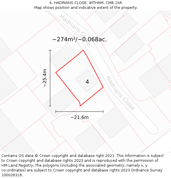 4, HADRIANS CLOSE, WITHAM, CM8 1XA: Plot and title map