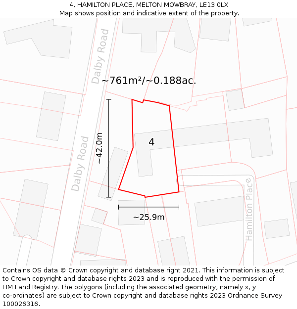 4, HAMILTON PLACE, MELTON MOWBRAY, LE13 0LX: Plot and title map