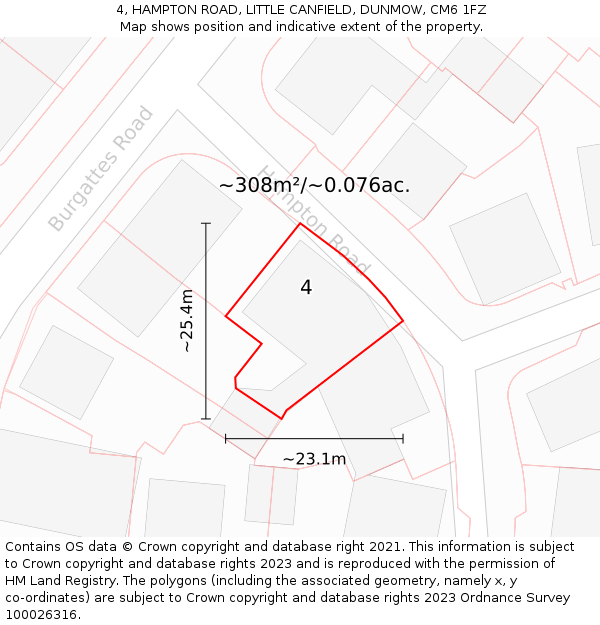 4, HAMPTON ROAD, LITTLE CANFIELD, DUNMOW, CM6 1FZ: Plot and title map