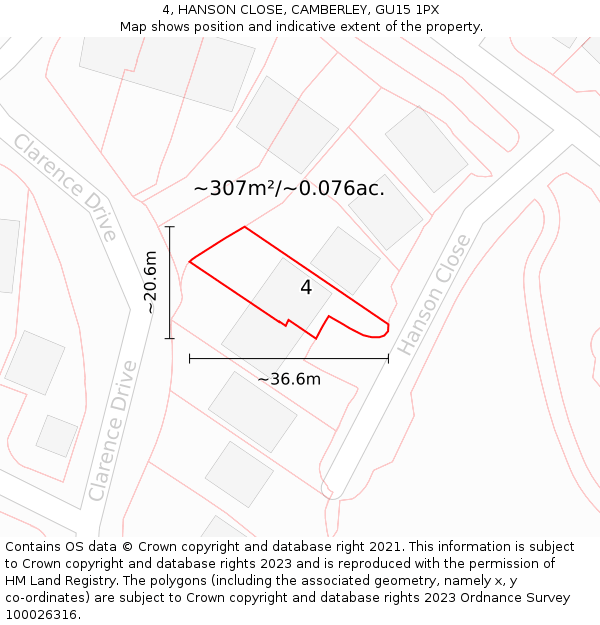 4, HANSON CLOSE, CAMBERLEY, GU15 1PX: Plot and title map