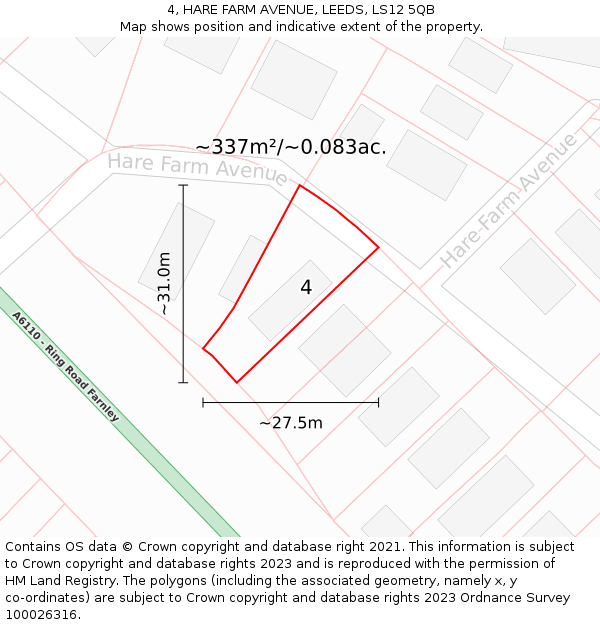 4, HARE FARM AVENUE, LEEDS, LS12 5QB: Plot and title map