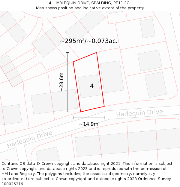 4, HARLEQUIN DRIVE, SPALDING, PE11 3GL: Plot and title map