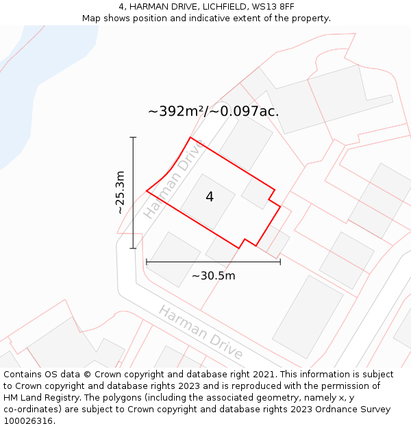 4, HARMAN DRIVE, LICHFIELD, WS13 8FF: Plot and title map