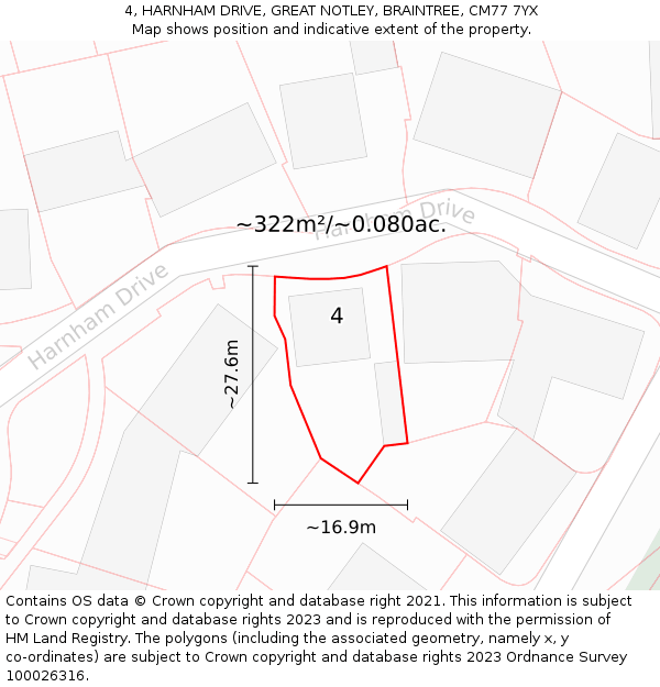 4, HARNHAM DRIVE, GREAT NOTLEY, BRAINTREE, CM77 7YX: Plot and title map