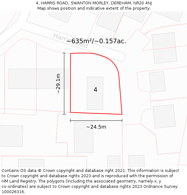 4, HARRIS ROAD, SWANTON MORLEY, DEREHAM, NR20 4NJ: Plot and title map