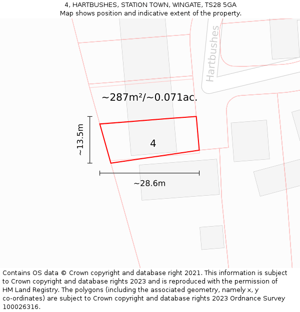 4, HARTBUSHES, STATION TOWN, WINGATE, TS28 5GA: Plot and title map