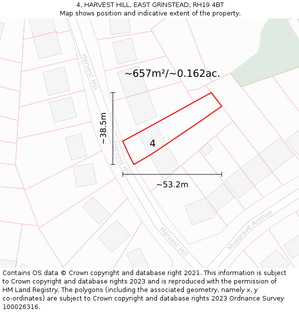 4, HARVEST HILL, EAST GRINSTEAD, RH19 4BT: Plot and title map