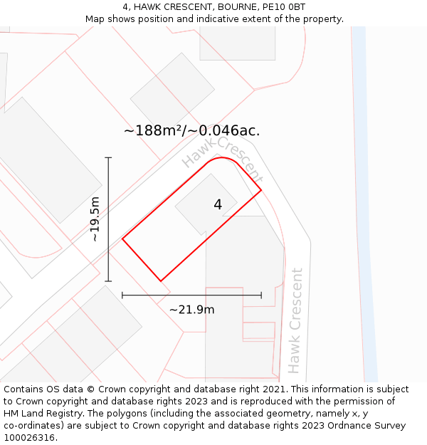 4, HAWK CRESCENT, BOURNE, PE10 0BT: Plot and title map