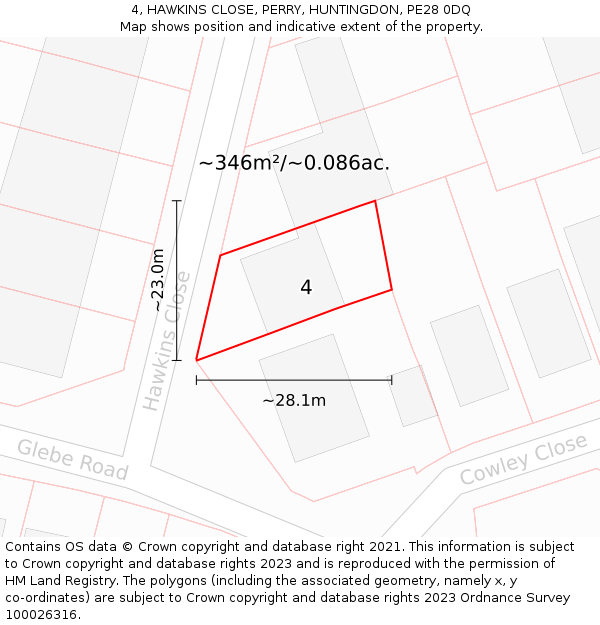 4, HAWKINS CLOSE, PERRY, HUNTINGDON, PE28 0DQ: Plot and title map