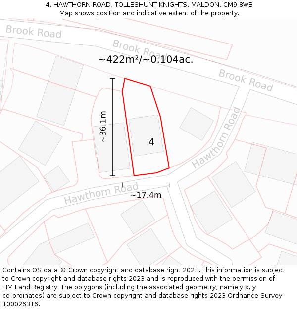 4, HAWTHORN ROAD, TOLLESHUNT KNIGHTS, MALDON, CM9 8WB: Plot and title map