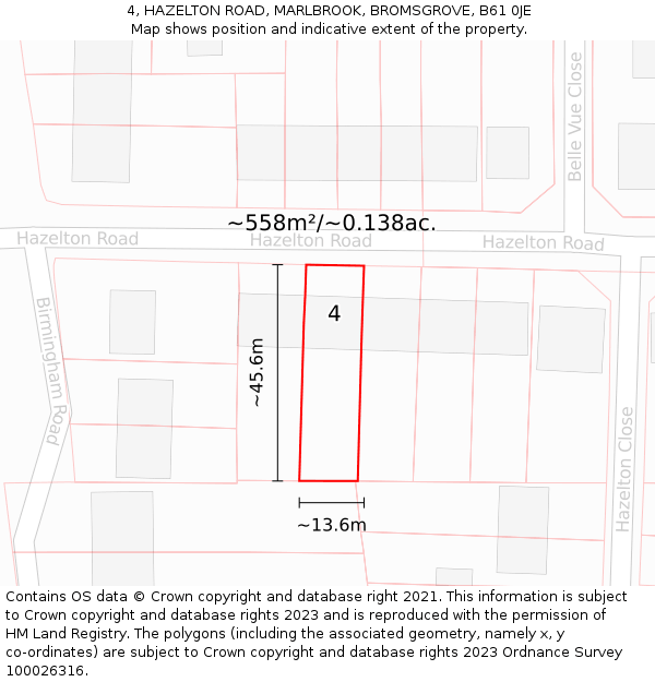 4, HAZELTON ROAD, MARLBROOK, BROMSGROVE, B61 0JE: Plot and title map