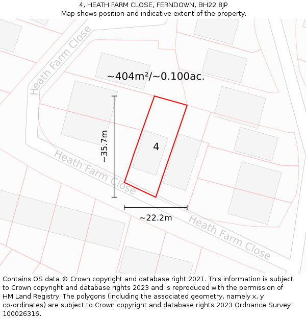 4, HEATH FARM CLOSE, FERNDOWN, BH22 8JP: Plot and title map