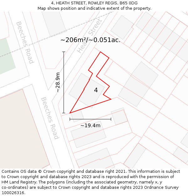 4, HEATH STREET, ROWLEY REGIS, B65 0DG: Plot and title map