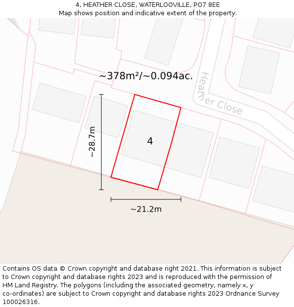 4, HEATHER CLOSE, WATERLOOVILLE, PO7 8EE: Plot and title map